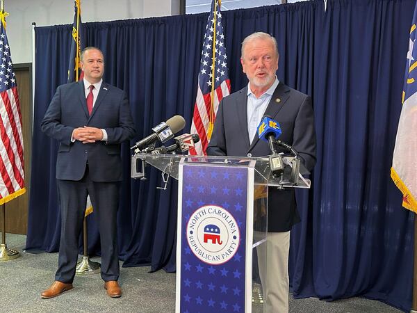 North Carolina Senate leader Phil Berger, R-Rockingham, speaks while state Republican Party Chairman Jason Simmons listens at a news conference reviewing Tuesday's general election results at state GOP headquarters in Raleigh, N.C., on Wednesday, Nov. 6, 2024 (AP Photo/Gary D. Robertson)