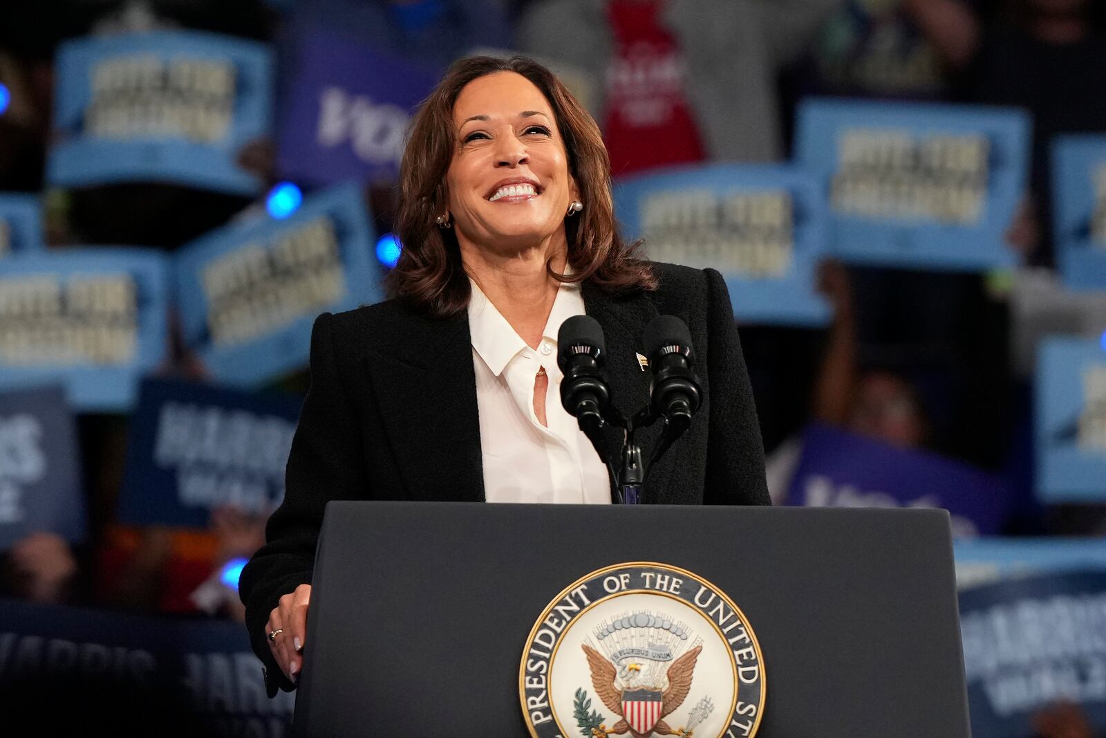 Democratic presidential nominee Vice President Kamala Harris speaks during a campaign event at East Carolina University, Sunday, Oct. 13, 2024, in Greenville, N.C. (AP Photo/David Yeazell)