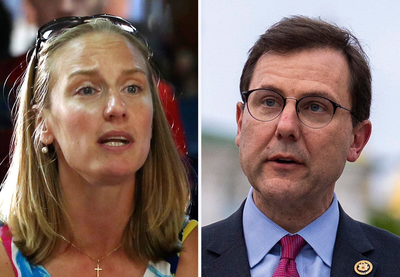 In this combination photo, Sue Altman speaks at a public forum, Aug. 23, 2016, in Bordentown, N.J., left, and Tom Kean Jr., R-N.J., speaks during a news conference in Kyiv, Ukraine, April 22, 2024. (AP Photo)