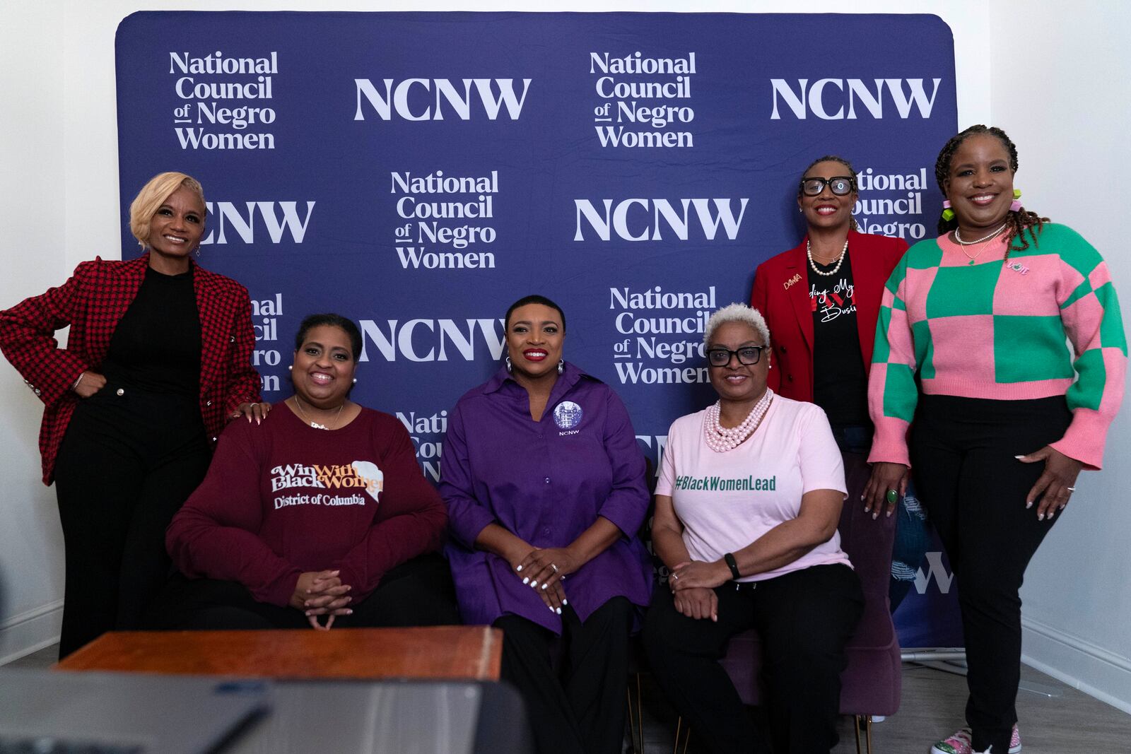 Members of the Black Women's Leadership Collective from left; Rachel Noerdlinger, spokeswoman, Win With Black Women and Partner, Holli Holliday, President, Sisters Lead Sisters vote & lead organizer of Win with Black Women, Rev. Shavon Arline-Bradley, President and CEO, National Council of Negro women, Bishop Leah Daughtry, convener, Power Rising, Rhonda Briggins, President, Delta For Women in Action and Roslyn Brock, Chairman Emeritus, NAACP, pose for a group photo before the livestream election engagement at the national Council of Negro Women in Washington, Tuesday, Nov. 5, 2024. (AP Photo/Jose Luis Magana)