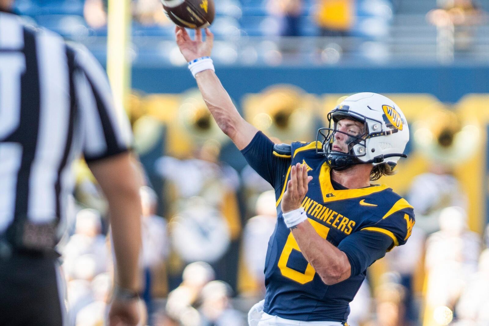 West Virginia's Garrett Greene (6) throws the ball downfield for a pass against Kansas during an NCAA college football game Saturday, Sept. 21, 2024, in Morgantown, W.Va. (Benjamin Powell/The Dominion-Post via AP)