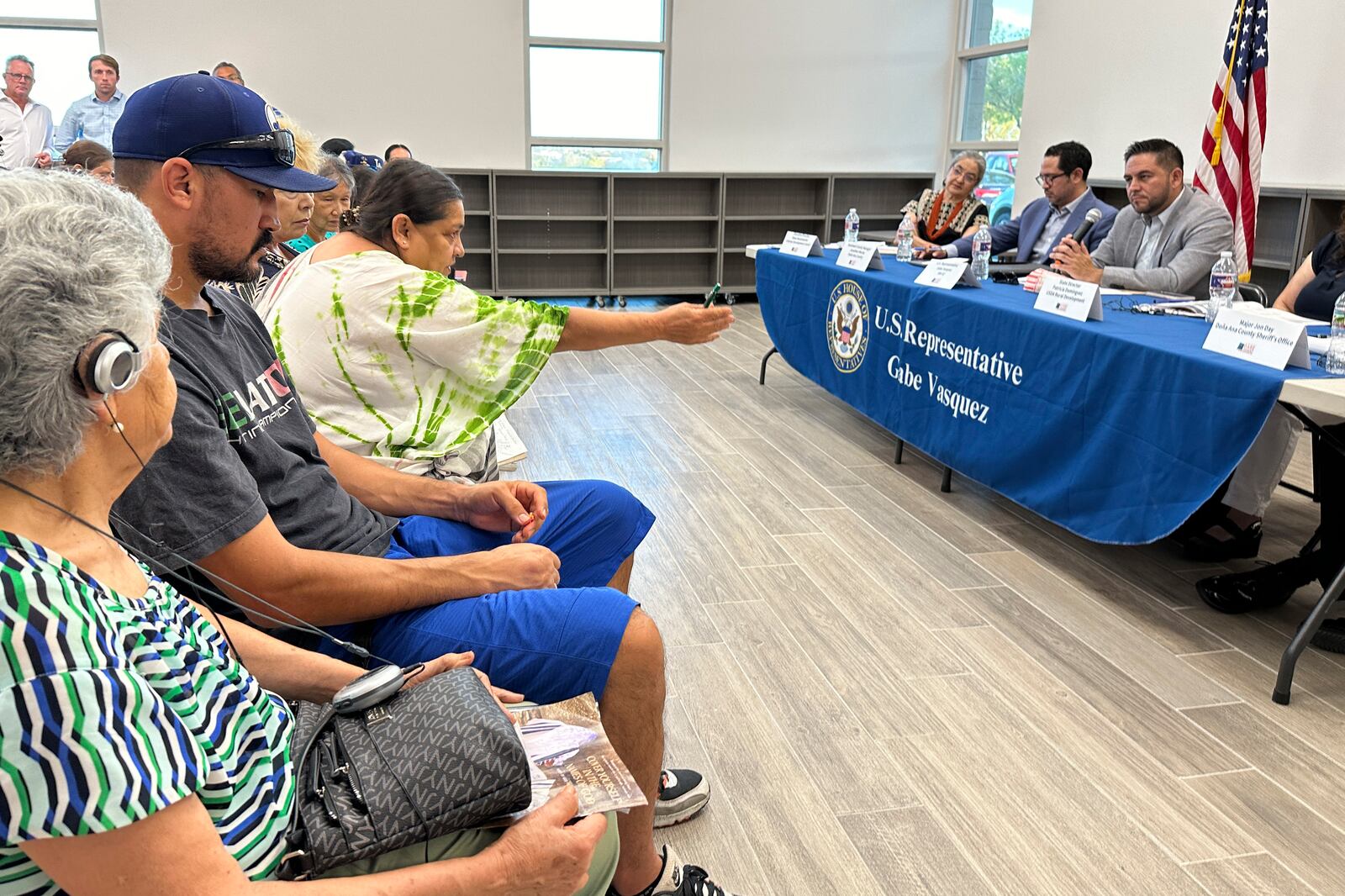 Rep. Gabe Vasquez, D-N.M., talks about economic development and immigration at a town-hall style meeting, Tuesday, Aug. 20, 2024, in Chaparral, N.M., an unincorporated "colonias" communities where many migrant workers settled over the past century on cheap plots of land, often with limited access to water or electricity. Vasquez, a first-term Democrat from New Mexico, touts his knowledge of the border region as the U.S.-born son of immigrants while seeking reelection in a rematch against former Republican Congresswoman Yvette Herrell. (AP Photo/Morgan Lee)