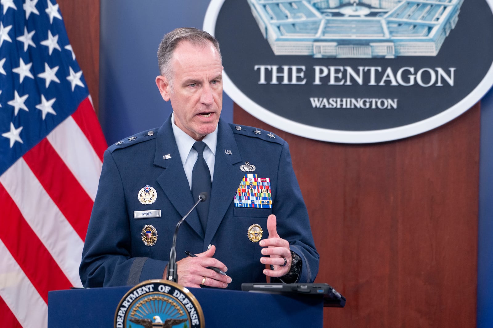 Pentagon spokesman Air Force Brig. Gen. Pat Ryder speaks during a press briefing at the Pentagon on Tuesday, Sept. 17, 2024 in Washington. (AP Photo/Kevin Wolf)