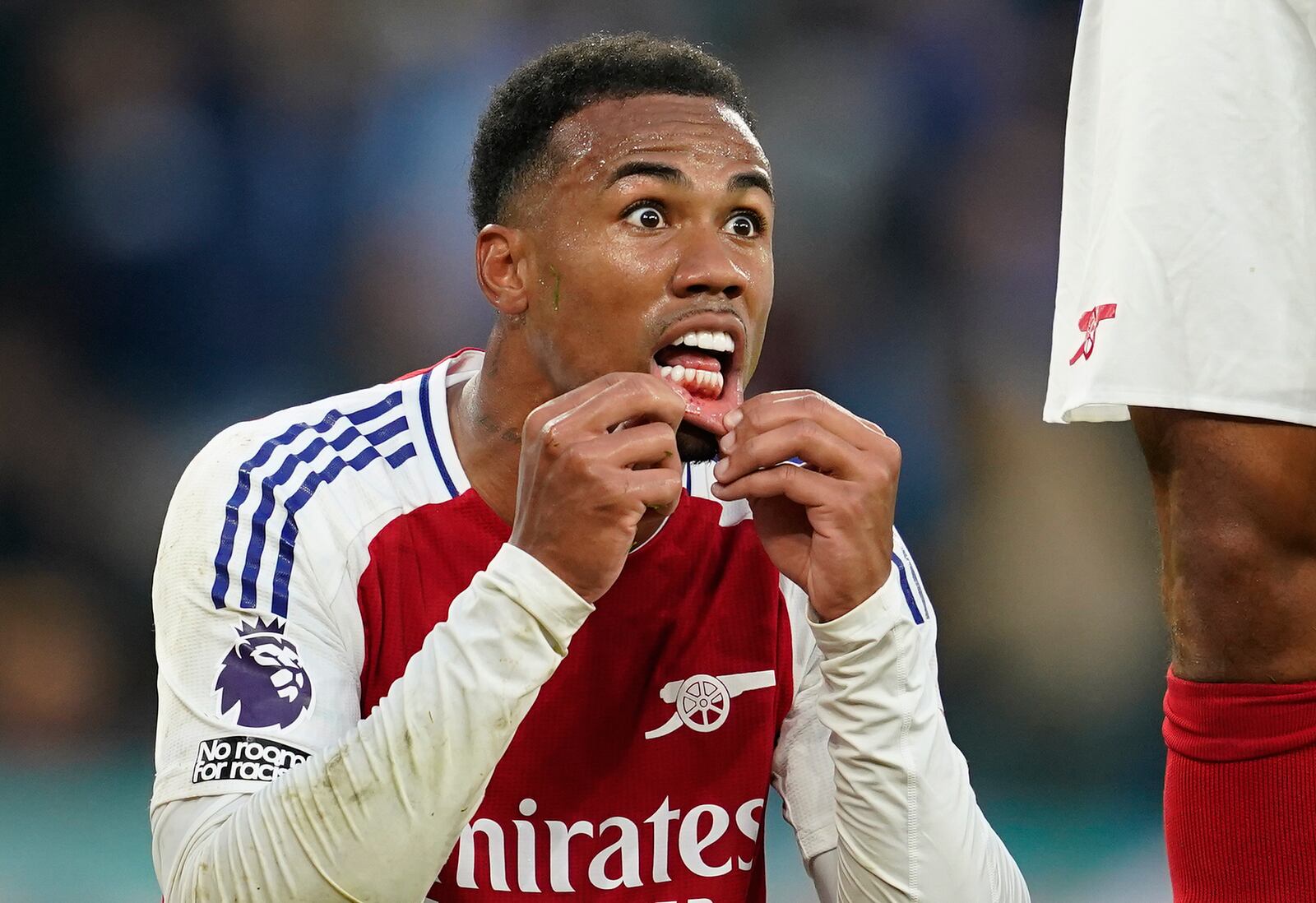 Arsenal's Gabriel reacts during the English Premier League soccer match between Manchester City and Arsenal at the Etihad stadium in Manchester, England, Sunday, Sept. 22, 2024. (AP Photo/Dave Thompson)