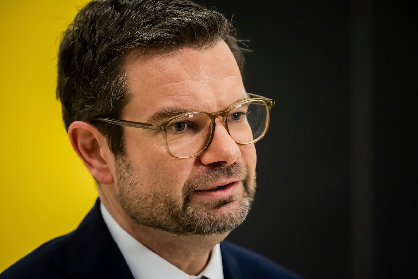 Marco Buschmann, outgoing Federal Minister of Justice, gives a television interview following the dismissal of Federal Finance Minister Christian Lindner by the Federal Chancellor Olaf Scholz in Berlin, Wednesday, Nov. 6, 2024. (Christoph Soeder/dpa via AP)