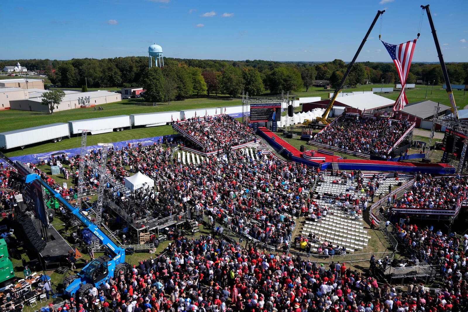 Supporters arrive before Republican presidential nominee former President Donald Trump speaks at a campaign event at the Butler Farm Show, Saturday, Oct. 5, 2024, in Butler, Pa. (AP Photo/Alex Brandon)