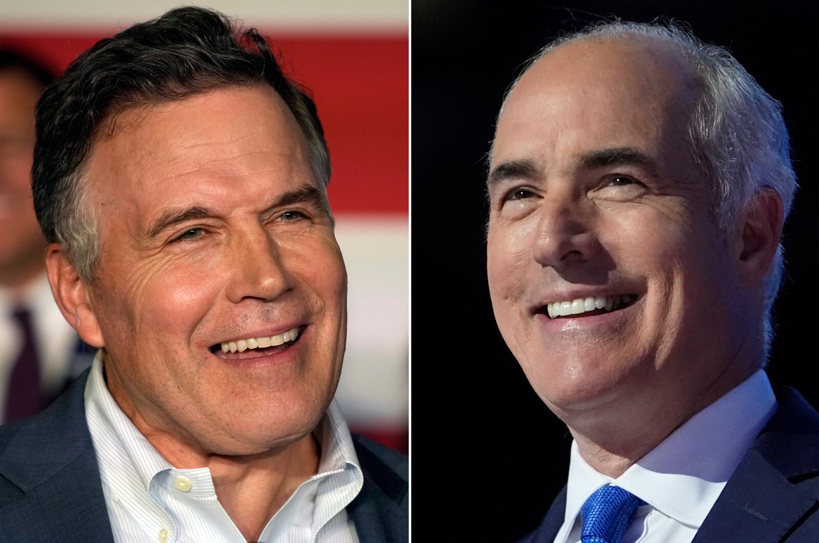 FILE - This combination of images shows from left, Republican Pennsylvania Senate candidate David McCormick, left, in Pittsburgh, on Sept. 21, 2023, and opponent, Sen. Bob Casey, D-Pa., in Chicago, on Aug. 22, 2024. (AP Photo Gene J. Puskar, left; and AP Photo Paul Sancya, File)