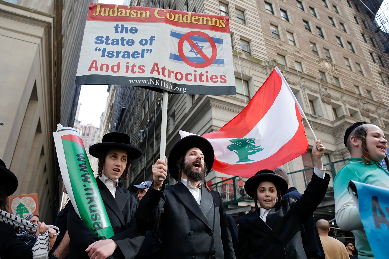 Pro-Palestinian Orthodox Jews demonstrate during a protest, Monday, Oct. 7, 2024, in New York. (AP Photo/Stefan Jeremiah)