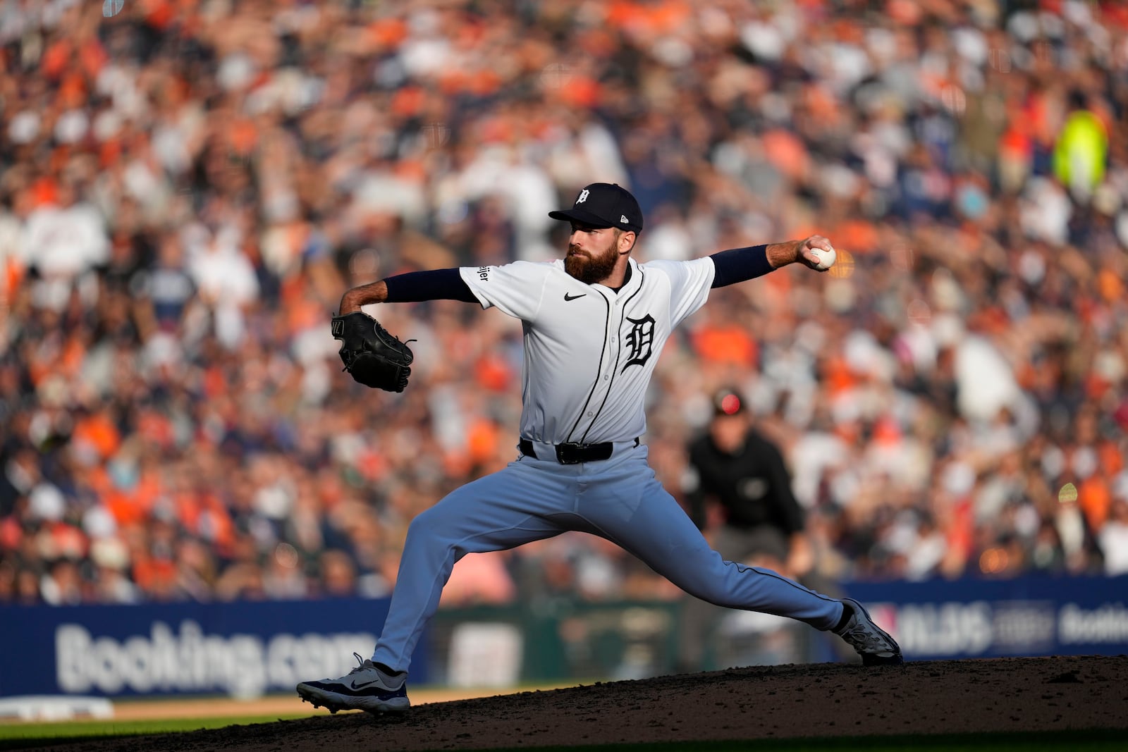 Detroit Tigers pitcher Sean Guenther throws against the Cleveland Guardians in the seventh inning during Game 3 of a baseball American League Division Series, Wednesday, Oct. 9, 2024, in Detroit. (AP Photo/Paul Sancya)