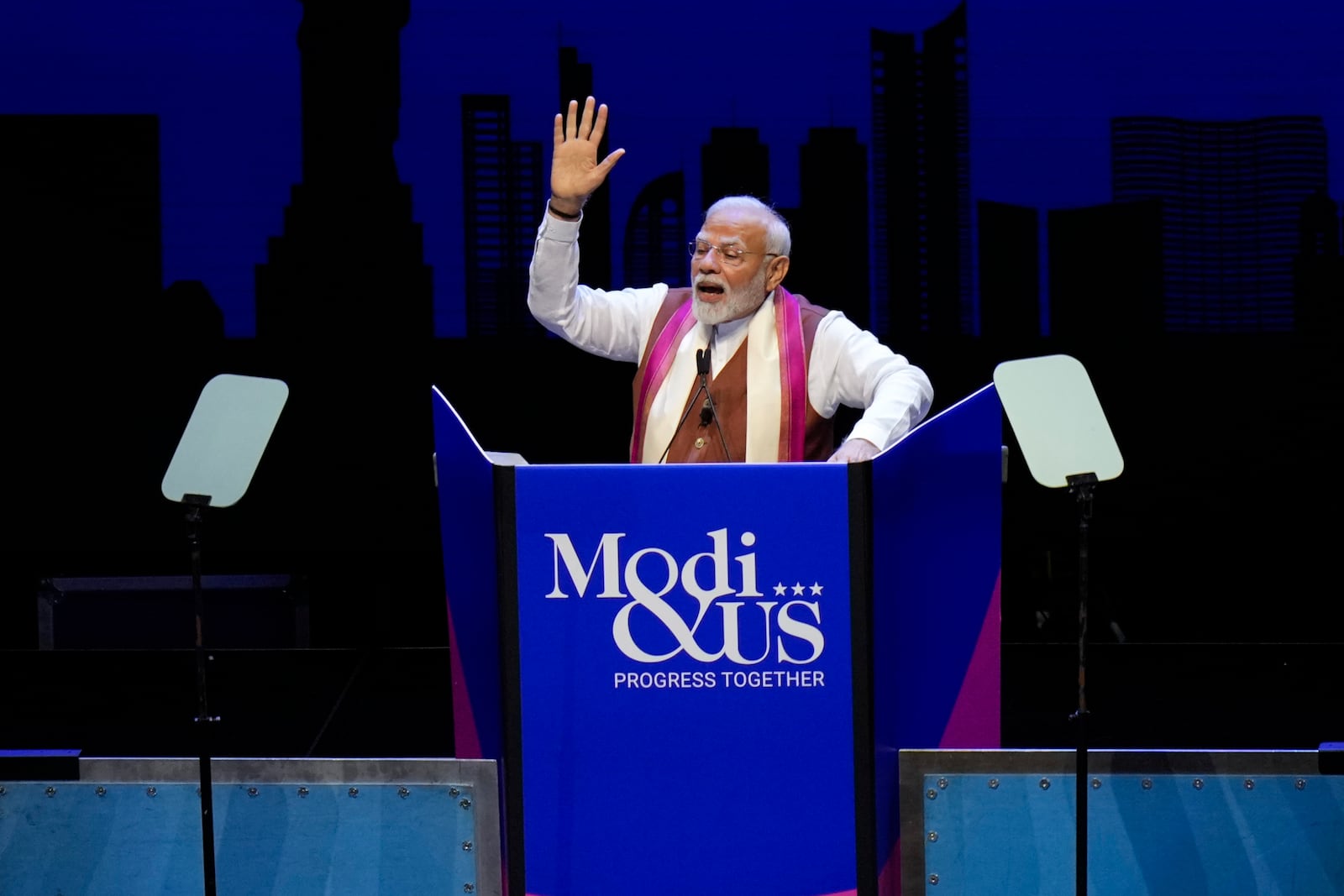 Prime Minister of India Narendra Modi speaks at an event in Uniondale, N.Y., Sunday, Sept. 22, 2024. (AP Photo/Seth Wenig)