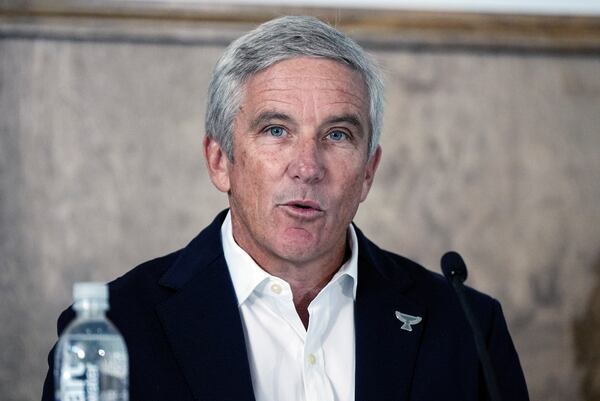 FILE - Commissioner of the PGA Tour, Jay Monahan IV speaks during a news conference ahead of the Tour Championship golf tournament, Aug. 28, 2024, in Atlanta. (AP Photo/Mike Stewart, file)