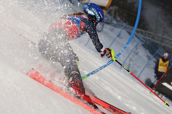 United States' Mikaela Shiffrin speeds down the course during an alpine ski, women's World Cup slalom, in Levi, Finland, Saturday, Nov. 16, 2024. (AP Photo/Marco Trovati)