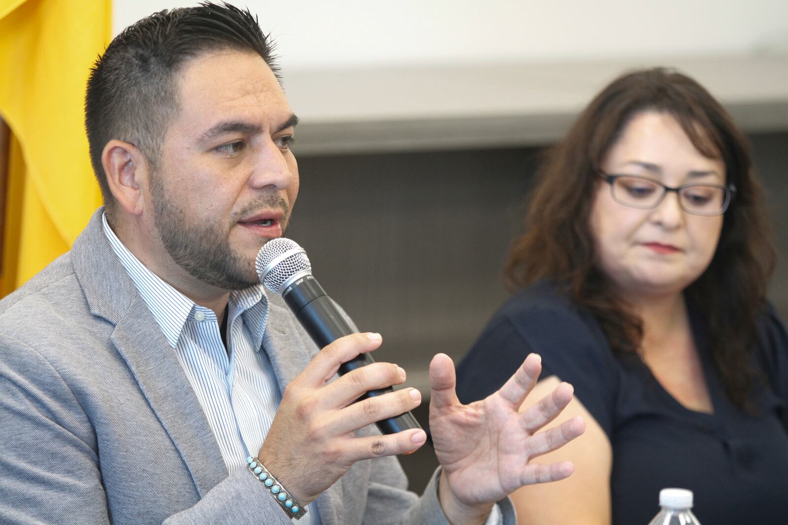 Rep. Gabe Vasquez, D-N.M., talks about economic development and immigration at a town-hall style meeting, Tuesday, Aug. 20, 2024, in Chaparral, N.M., an unincorporated "colonias" communities where many migrant workers settled over the past century on cheap plots of land, often with limited access to water or electricity. Vasquez, a first-term Democrat from New Mexico, touts his knowledge of the border region as the U.S.-born son of immigrants while seeking reelection in a rematch against former Republican Congresswoman Yvette Herrell. (AP Photo/Morgan Lee)