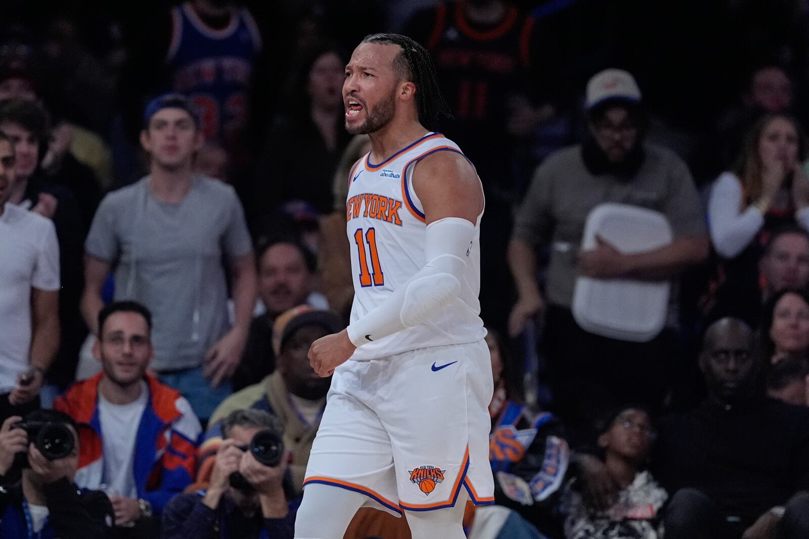 New York Knicks' Jalen Brunson (11) argues for a call during the first half of an NBA basketball game against the Indiana Pacers, Friday, Oct. 25, 2024, in New York. (AP Photo/Frank Franklin II)