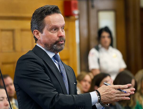 Karen Read's lead defense attorney Alan Jackson questions witness Jennifer McCabe during the Karen Read murder trial in Norfolk Superior Court in Dedham, Mass., Wednesday, April 30, 2025. (Greg Derr/The Patriot Ledger via AP, Pool)