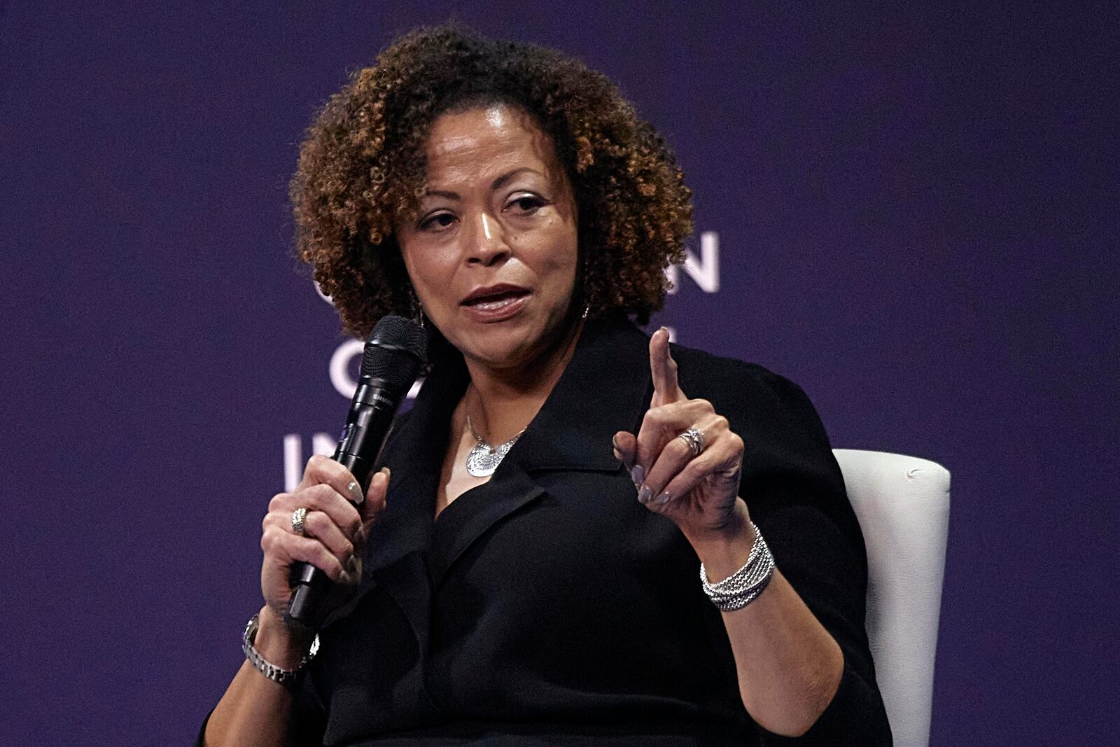 Nicole Taylor, President and CEO, of Silicon Valley Community Foundation, speaks during the Clinton Global Initiative, on Monday, Sept. 23, 2024, in New York. (AP Photo/Andres Kudacki)