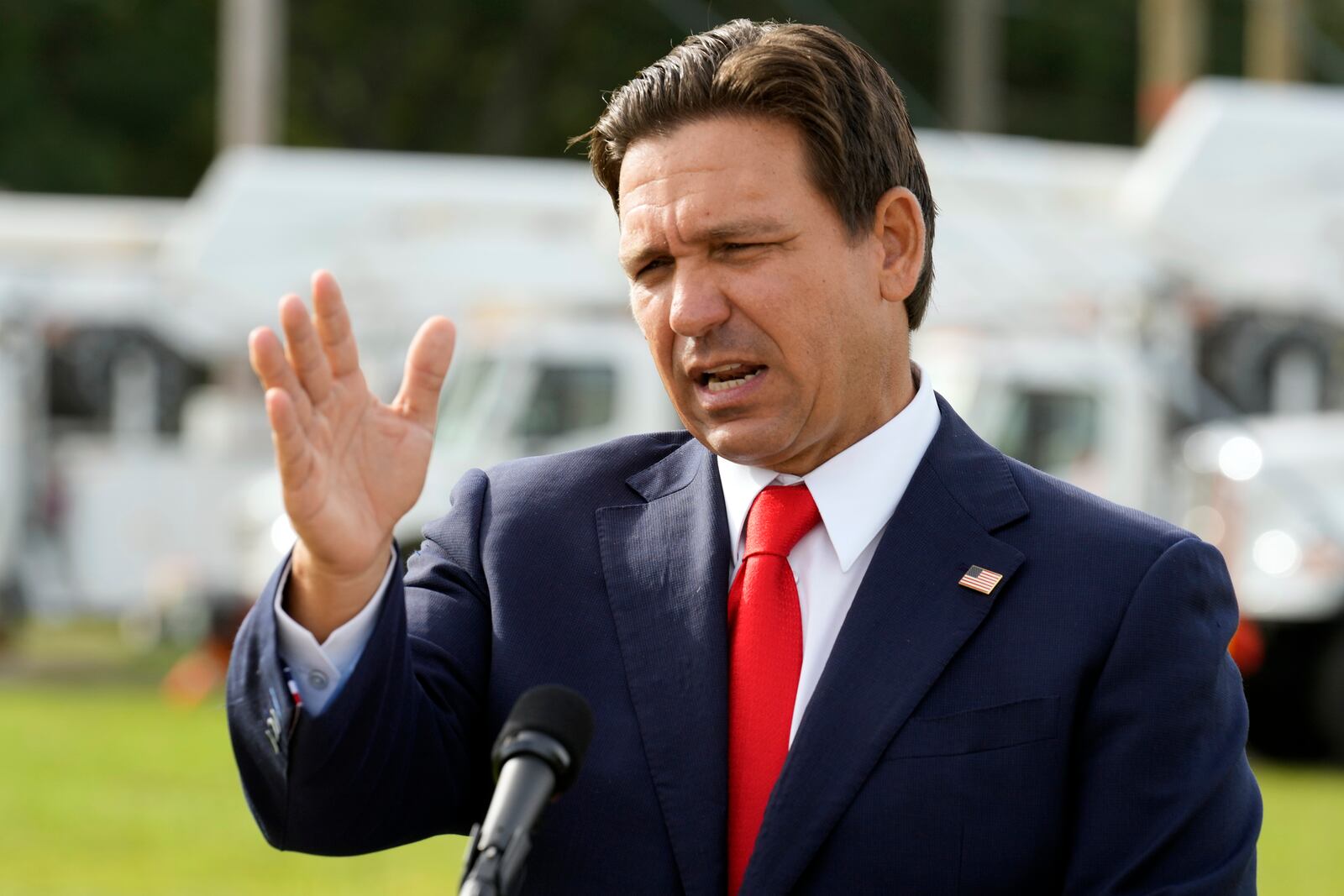 Florida Gov. Ron DeSantis gestures during a news conference, Wednesday, Sept. 25, 2024, at the Tampa Electric Company offices in Tampa, Fla., as Tropical Storm Helene, expected to become a hurricane, moves north along Mexico’s coast toward the U.S.(AP Photo/Chris O'Meara)