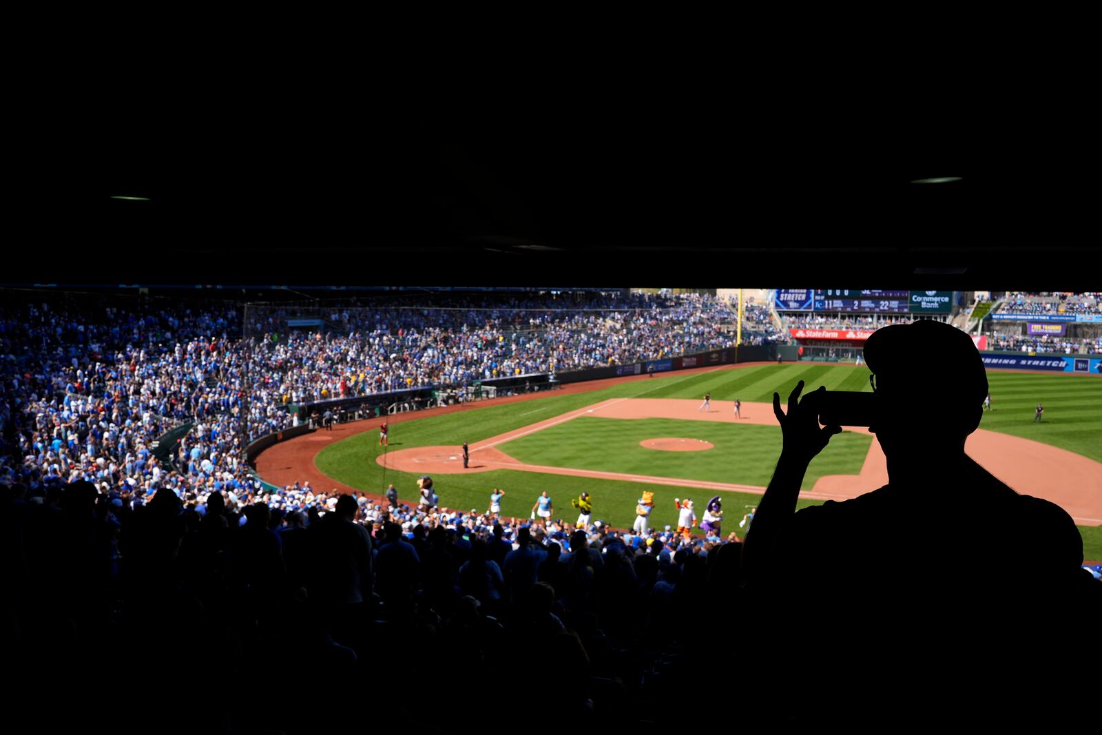 FILE - A fan takes photos during the seventh inning of a baseball game between the Minnesota Twins and the Kansas City Royals Sunday, Sept. 8, 2024, in Kansas City, Mo. (AP Photo/Charlie Riedel, File)