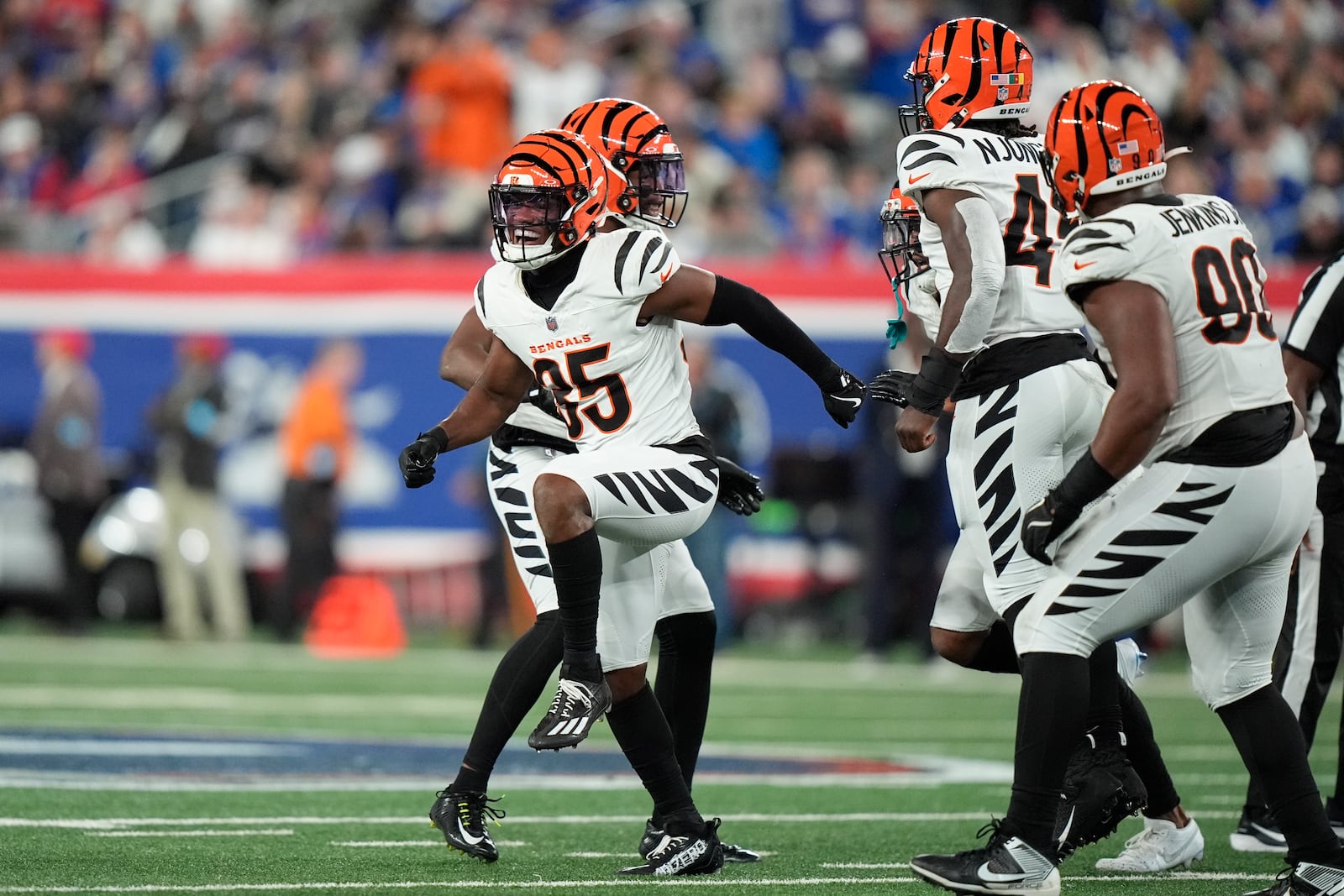 Cincinnati Bengals cornerback Jalen Davis (35) celebrates a missed field goal by the New York Giants during the second half of an NFL football game, Sunday, Oct. 13, 2024, in East Rutherford, N.J. (AP Photo/Frank Franklin II)