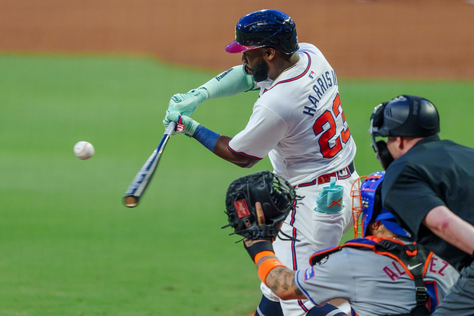 Atlanta Braves' Michael Harris II swings at a pitch called as a strike in the first inning of a baseball game against the New York Mets, Tuesday, Sept. 24, 2024, in Atlanta. (AP Photo/Jason Allen)